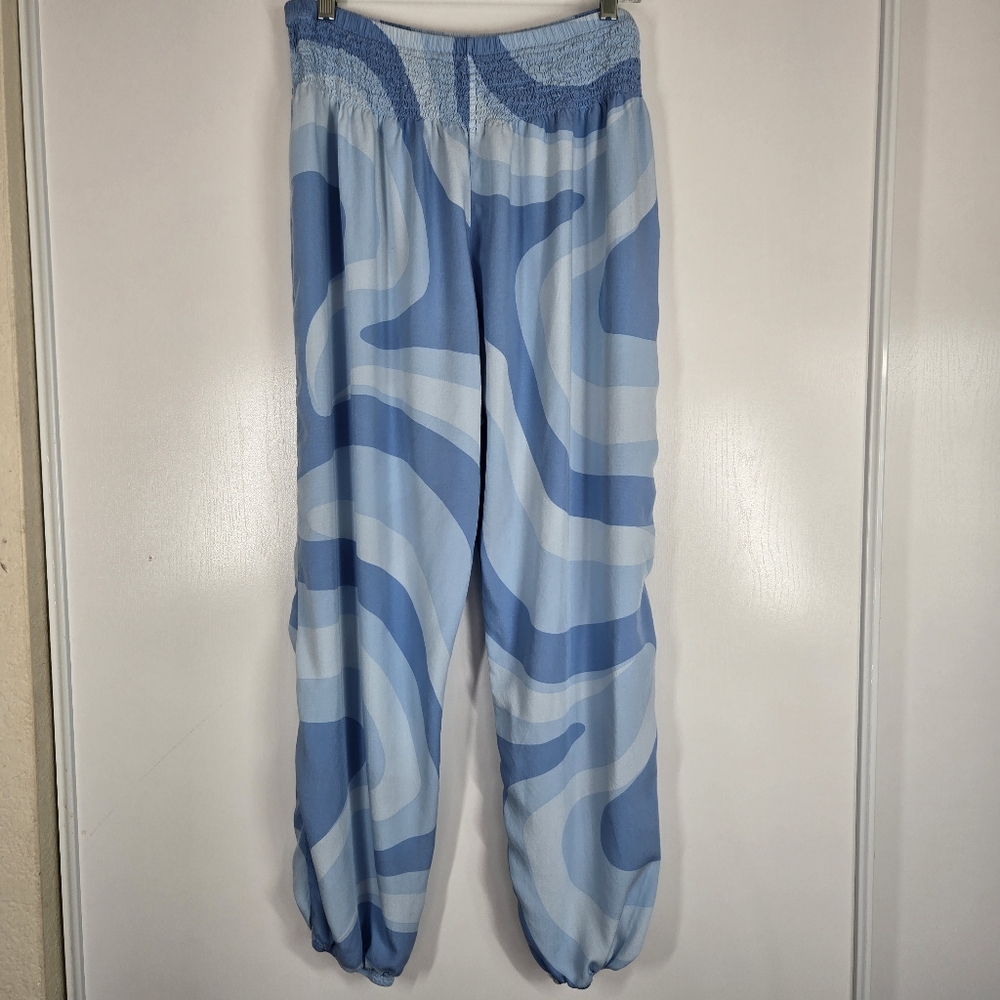 Lotus and Luna Women's XL Harem Pants Lounge High Waisted Yoga Blue Waves Light‎